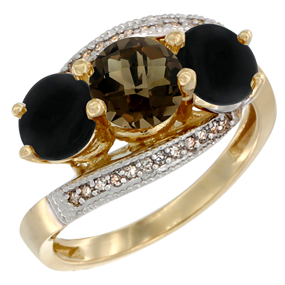 10K Yellow Gold Natural Smoky Topaz &amp; Black Onyx Sides 3 stone Ring Round 6mm Diamond Accent, sizes 5 - 10