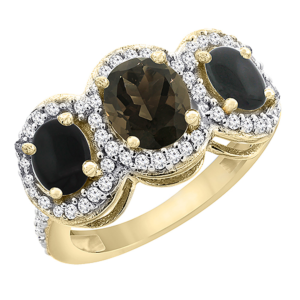 14K Yellow Gold Natural Smoky Topaz & Black Onyx 3-Stone Ring Oval Diamond Accent, sizes 5 - 10