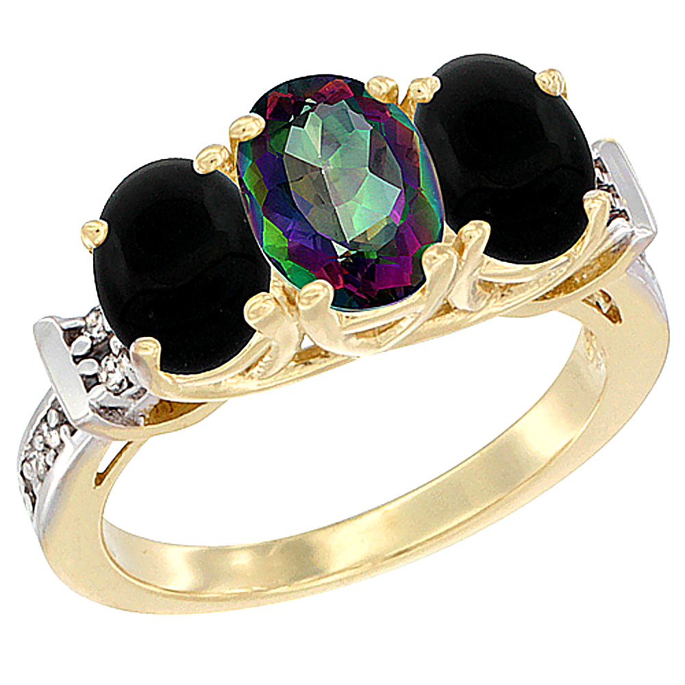 10K Yellow Gold Natural Mystic Topaz &amp; Black Onyx Sides Ring 3-Stone Oval Diamond Accent, sizes 5 - 10