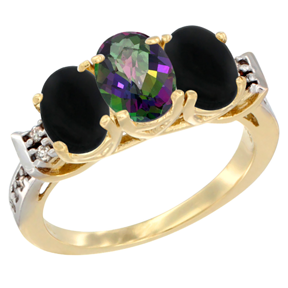 10K Yellow Gold Natural Mystic Topaz &amp; Black Onyx Sides Ring 3-Stone Oval 7x5 mm Diamond Accent, sizes 5 - 10