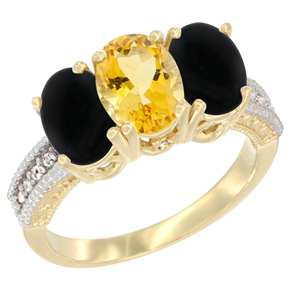 14K Yellow Gold Natural Citrine &amp; Black Onyx Sides Ring 3-Stone 7x5 mm Oval Diamond Accent, sizes 5 - 10