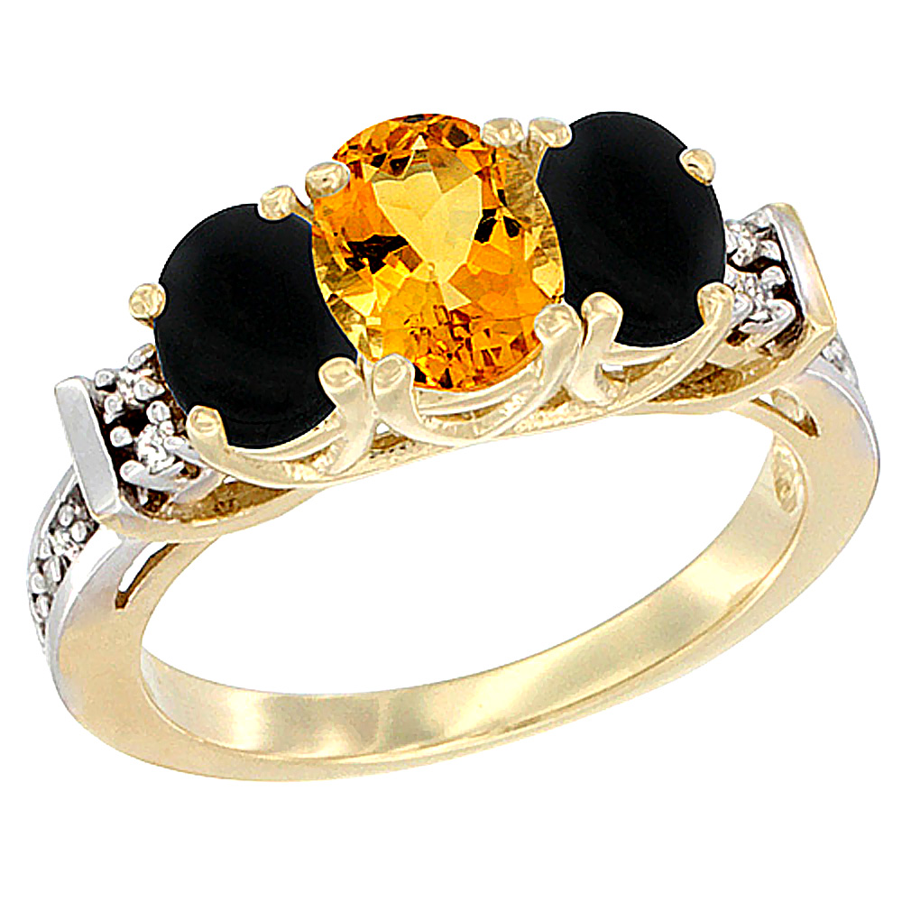 14K Yellow Gold Natural Citrine & Black Onyx Ring 3-Stone Oval Diamond Accent