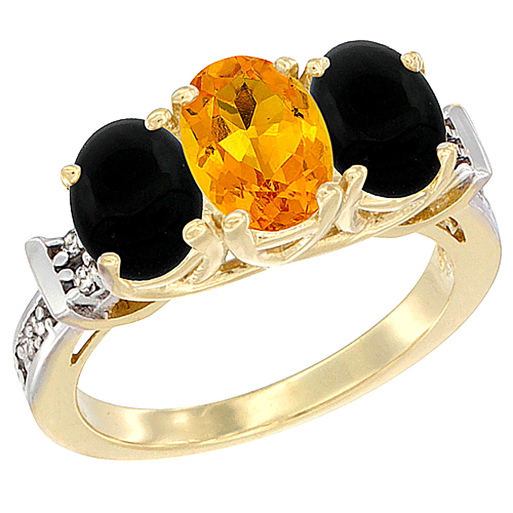 14K Yellow Gold Natural Citrine & Black Onyx Sides Ring 3-Stone Oval Diamond Accent, sizes 5 - 10