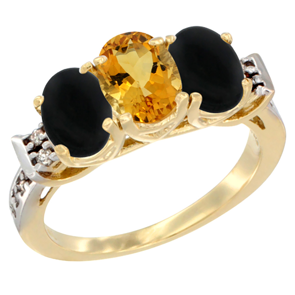 14K Yellow Gold Natural Citrine &amp; Black Onyx Sides Ring 3-Stone Oval 7x5 mm Diamond Accent, sizes 5 - 10