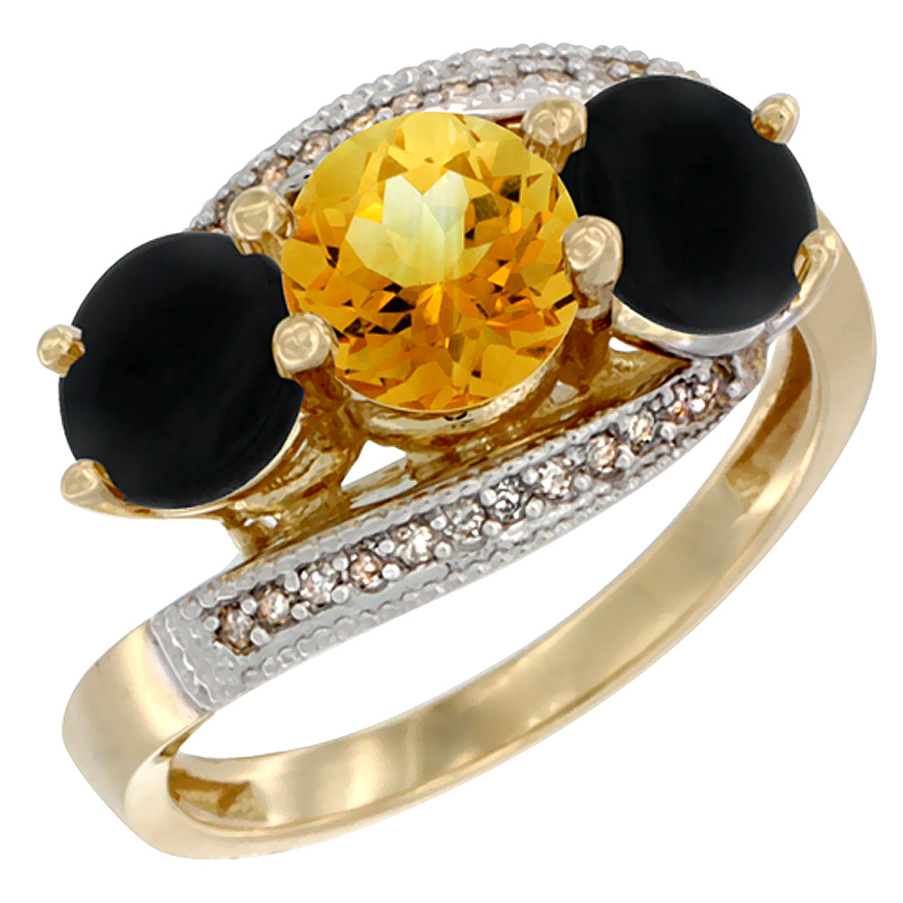 14K Yellow Gold Natural Citrine & Black Onyx Sides 3 stone Ring Round 6mm Diamond Accent, sizes 5 - 10