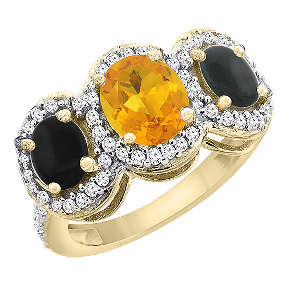 14K Yellow Gold Natural Citrine &amp; Black Onyx 3-Stone Ring Oval Diamond Accent, sizes 5 - 10