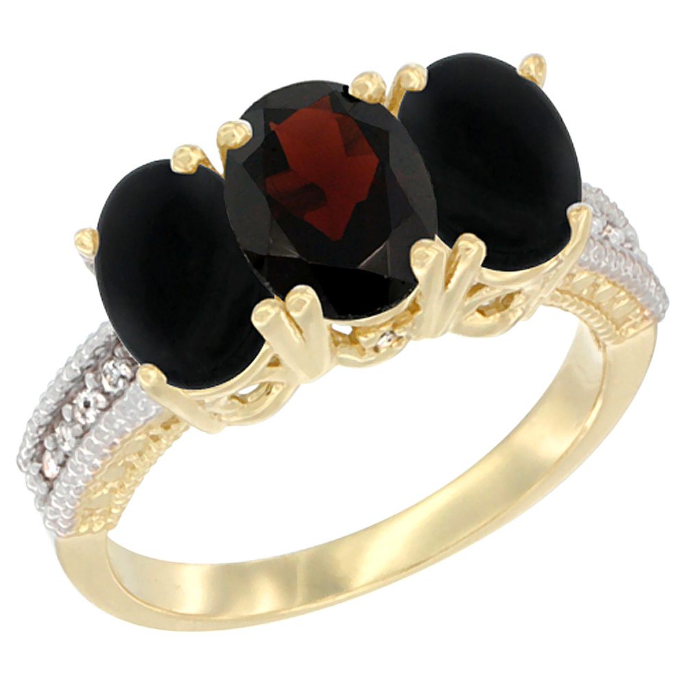 14K Yellow Gold Natural Garnet &amp; Black Onyx Sides Ring 3-Stone 7x5 mm Oval Diamond Accent, sizes 5 - 10