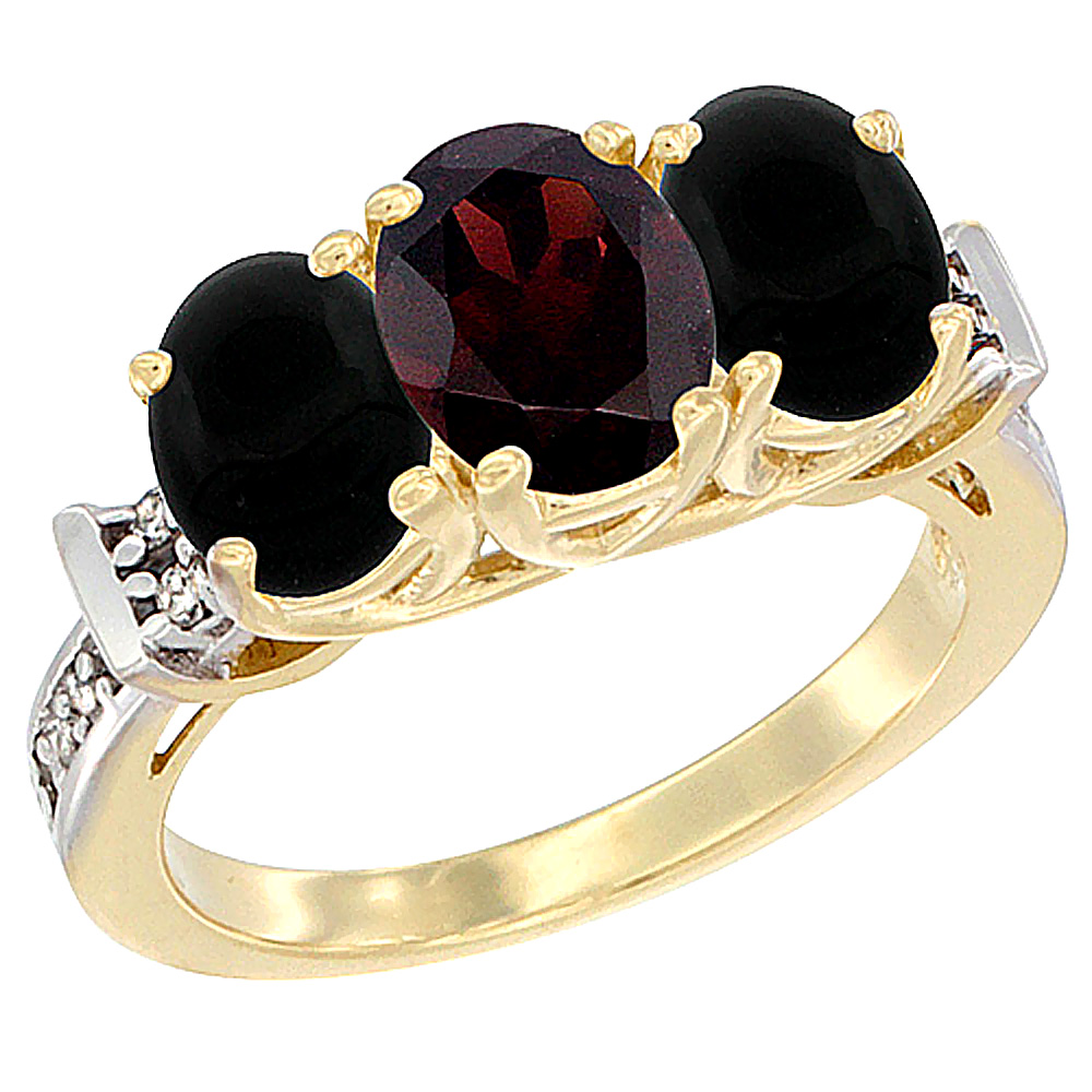 10K Yellow Gold Natural Garnet & Black Onyx Sides Ring 3-Stone Oval Diamond Accent, sizes 5 - 10