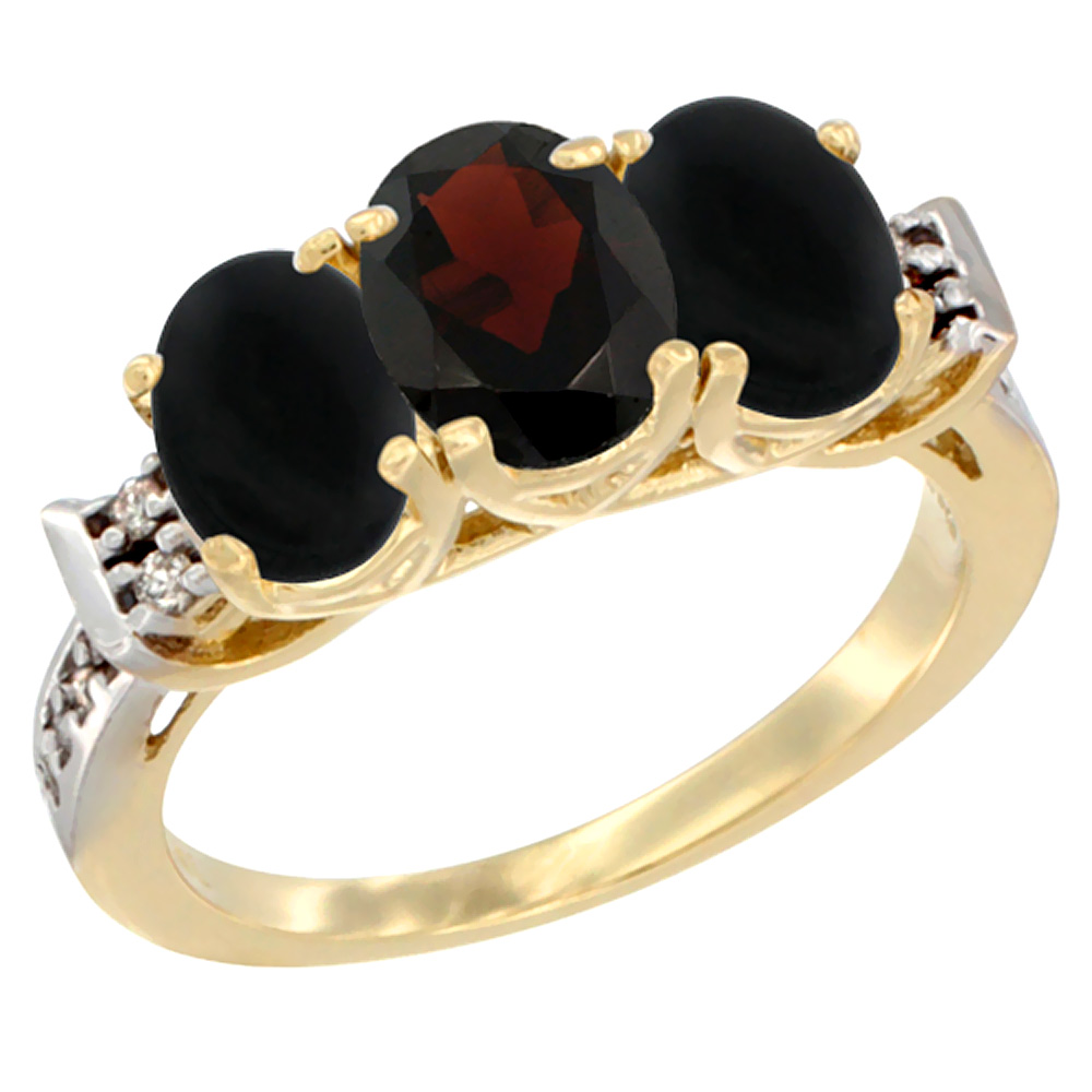 14K Yellow Gold Natural Garnet &amp; Black Onyx Sides Ring 3-Stone Oval 7x5 mm Diamond Accent, sizes 5 - 10