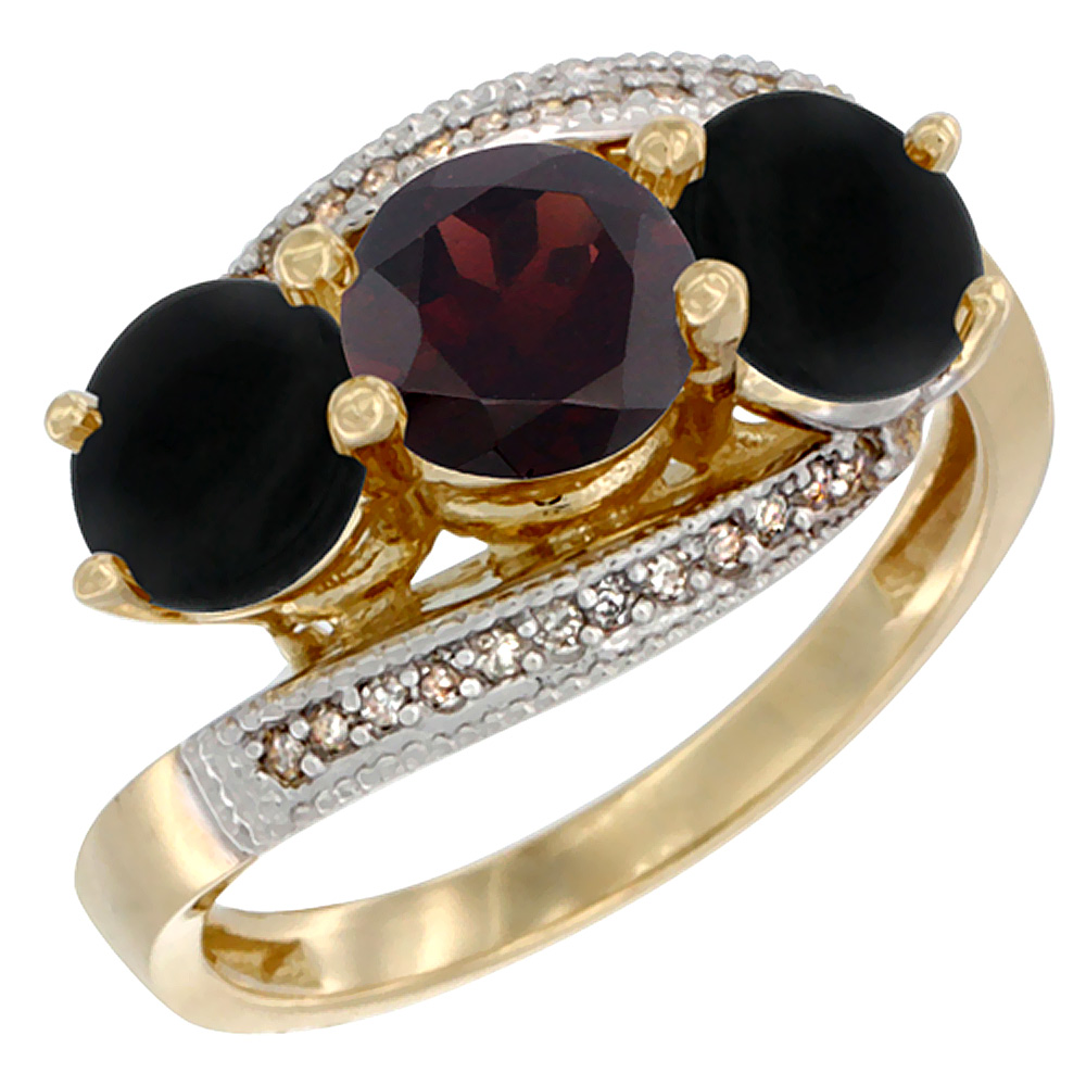 10K Yellow Gold Natural Garnet &amp; Black Onyx Sides 3 stone Ring Round 6mm Diamond Accent, sizes 5 - 10