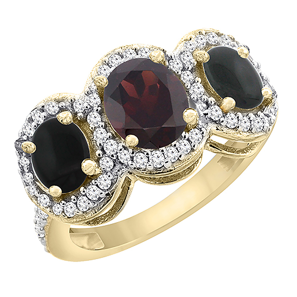 10K Yellow Gold Natural Garnet &amp; Black Onyx 3-Stone Ring Oval Diamond Accent, sizes 5 - 10