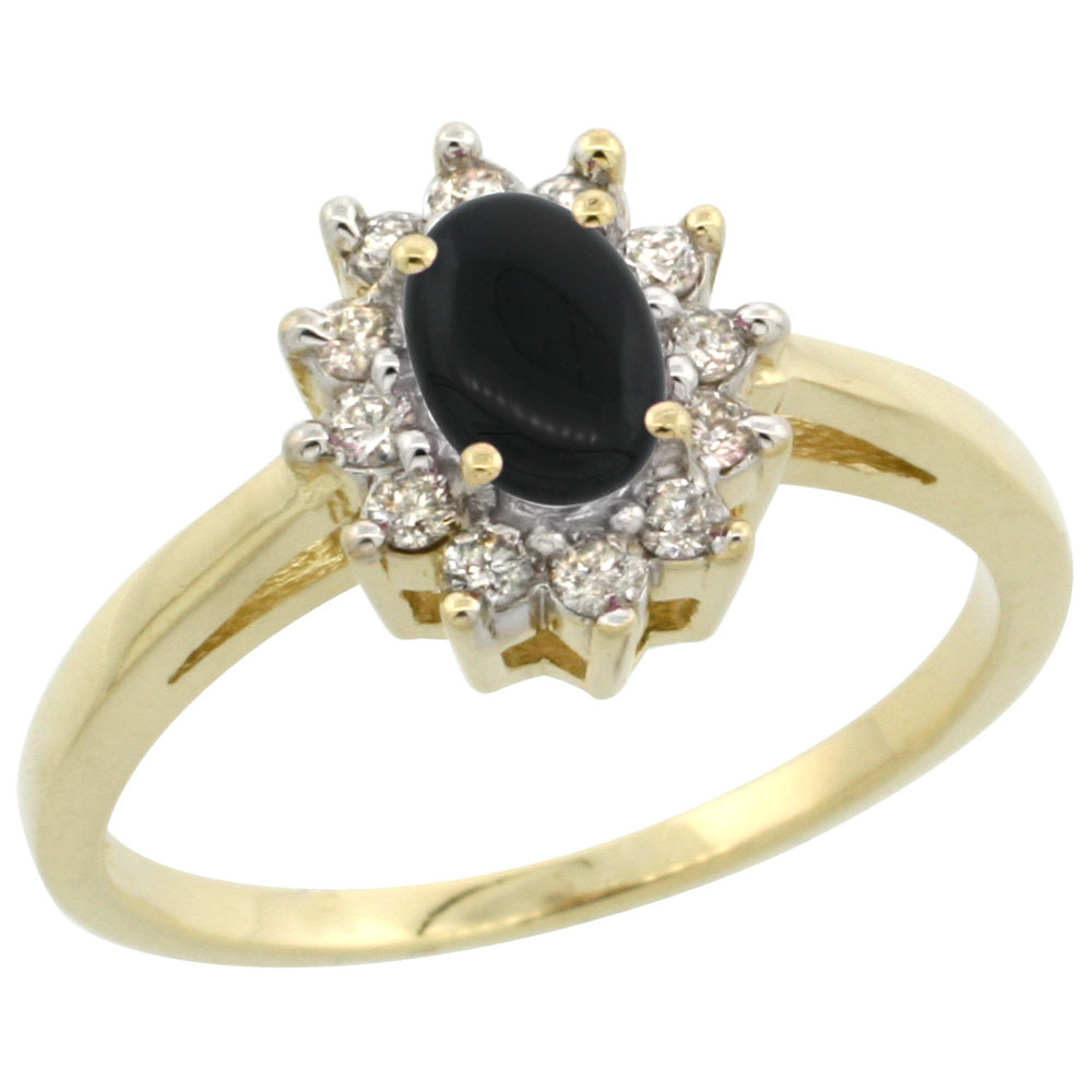 10K Yellow Gold Natural Black Onyx Flower Diamond Halo Ring Oval 6x4 mm, sizes 5 10