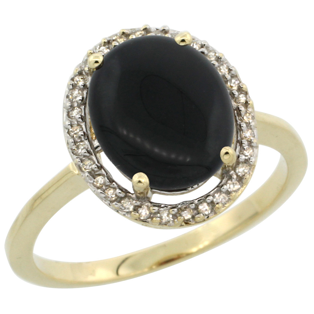 10K Yellow Gold Diamond Halo Natural Black Onyx Engagement Ring Oval 10x8 mm, sizes 5-10