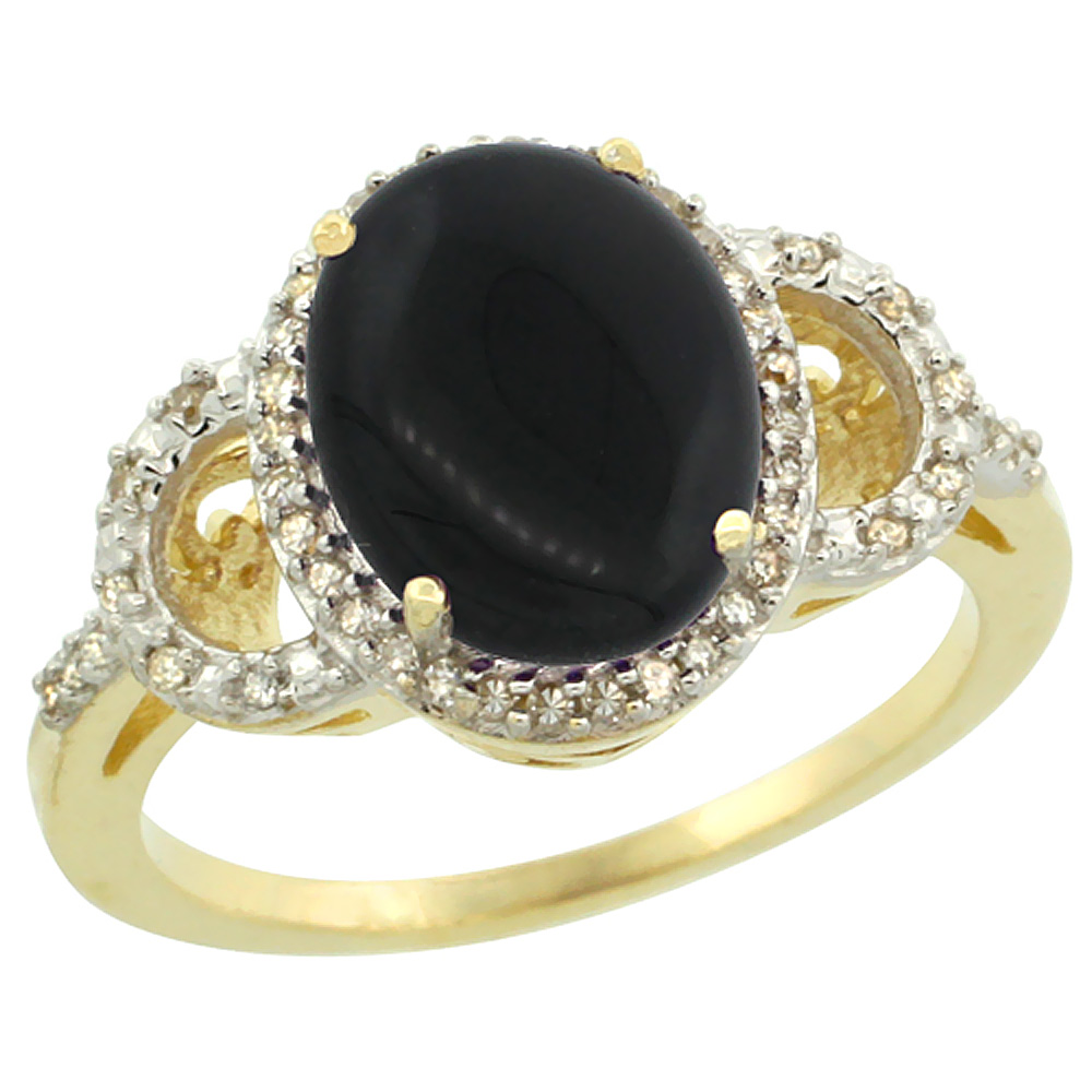 10K Yellow Gold Diamond Natural Black Onyx Engagement Ring Oval 10x8mm, sizes 5-10