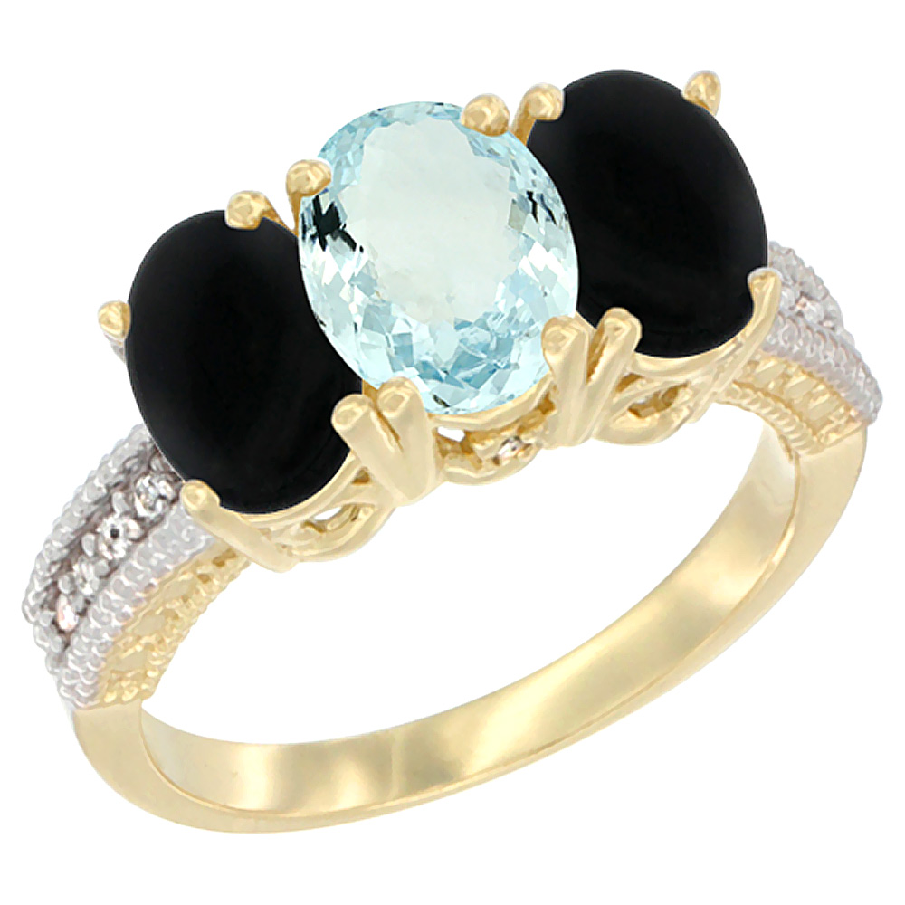 14K Yellow Gold Natural Aquamarine & Black Onyx Sides Ring 3-Stone 7x5 mm Oval Diamond Accent, sizes 5 - 10