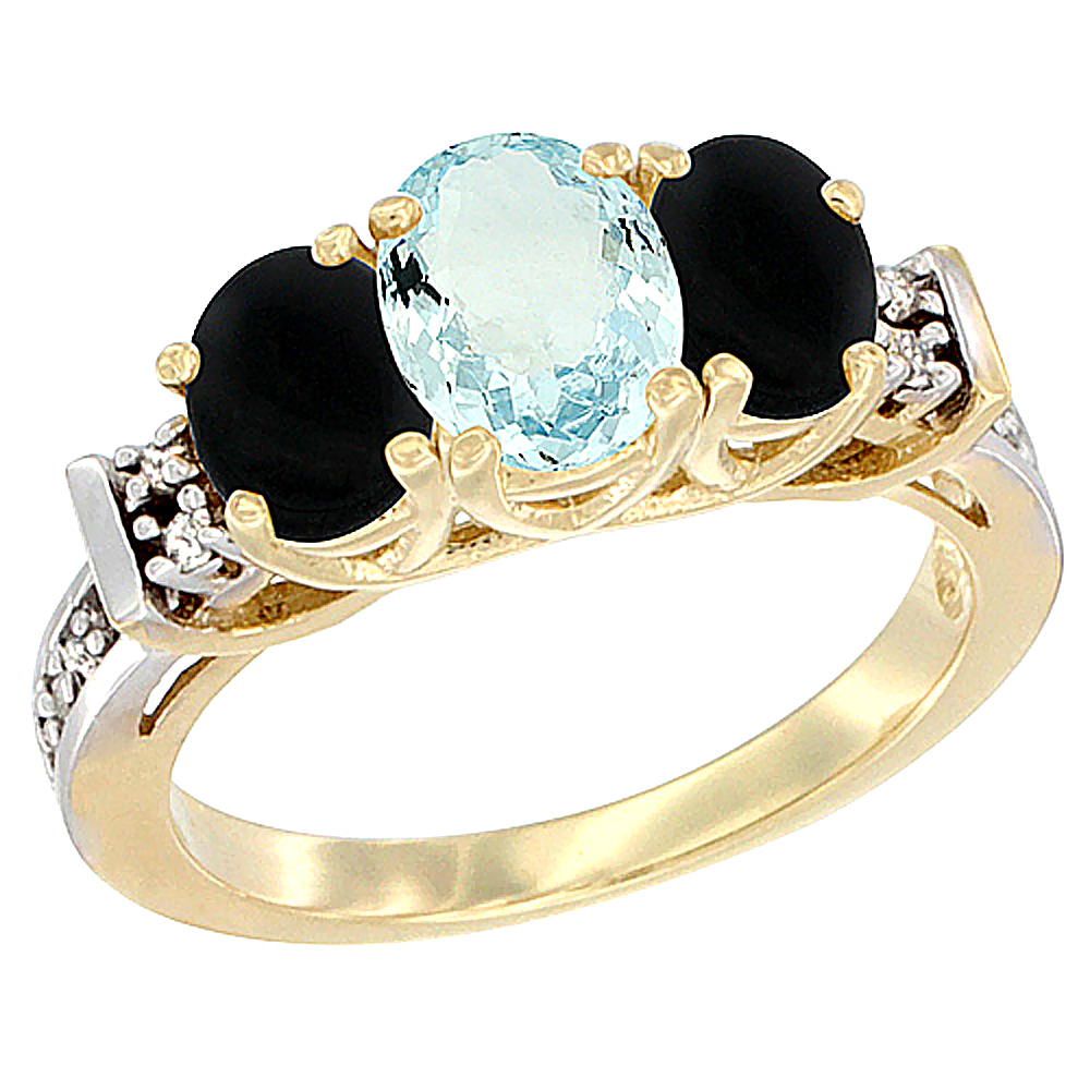 10K Yellow Gold Natural Aquamarine & Black Onyx Ring 3-Stone Oval Diamond Accent