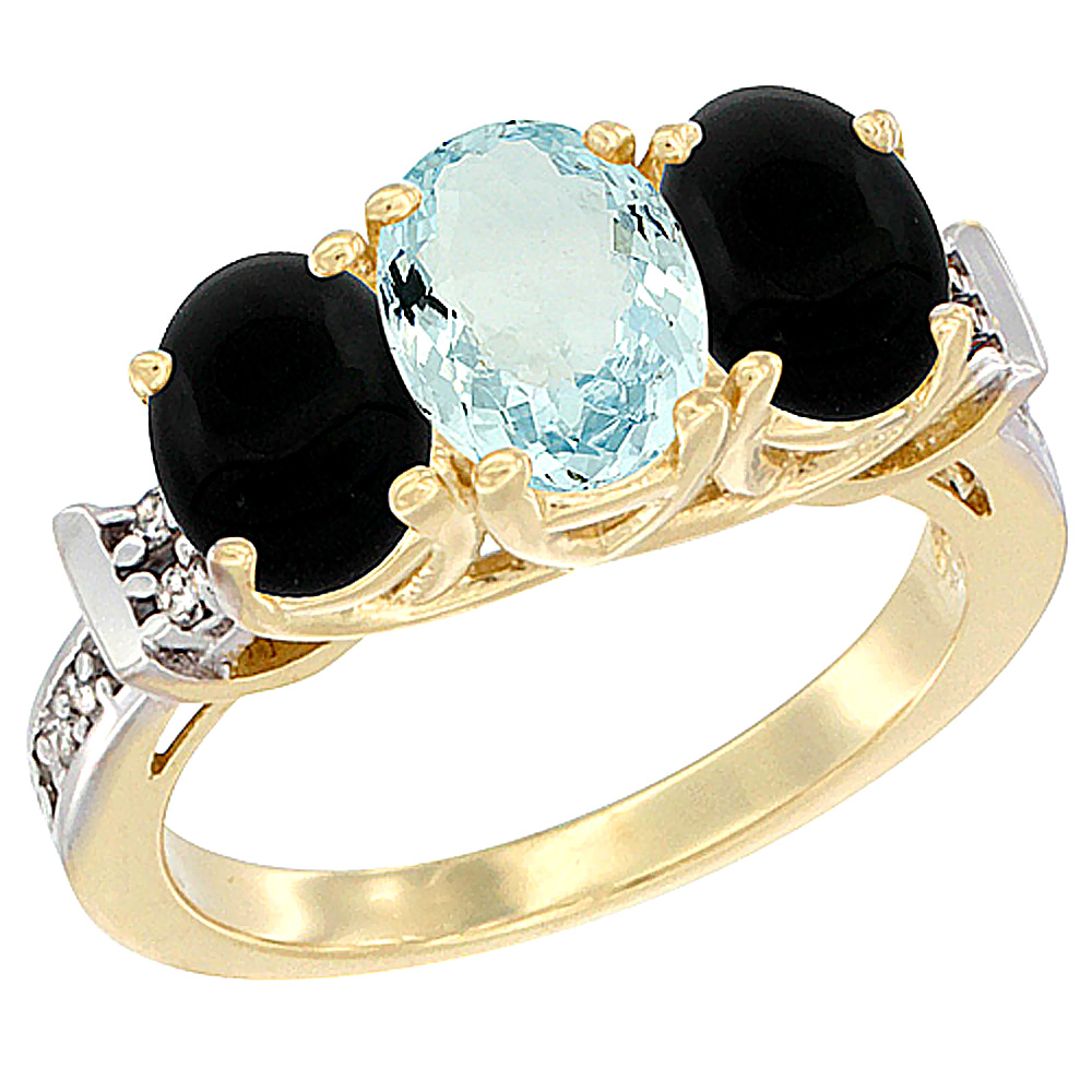 14K Yellow Gold Natural Aquamarine & Black Onyx Sides Ring 3-Stone Oval Diamond Accent, sizes 5 - 10
