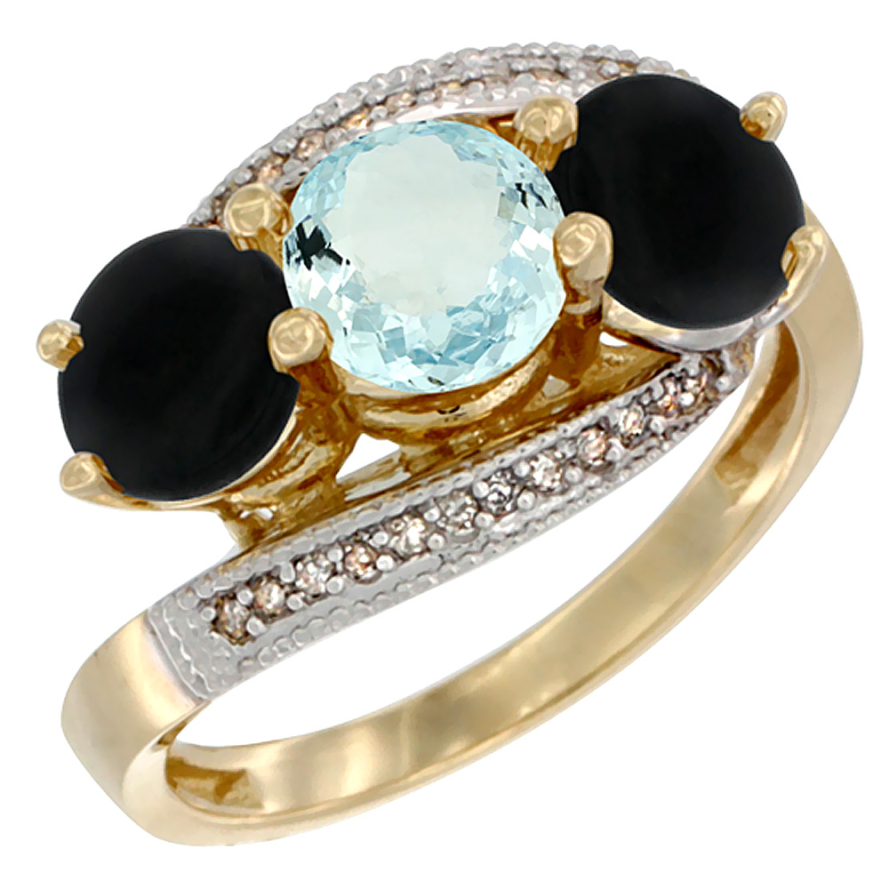 14K Yellow Gold Natural Aquamarine &amp; Black Onyx Sides 3 stone Ring Round 6mm Diamond Accent, sizes 5 - 10