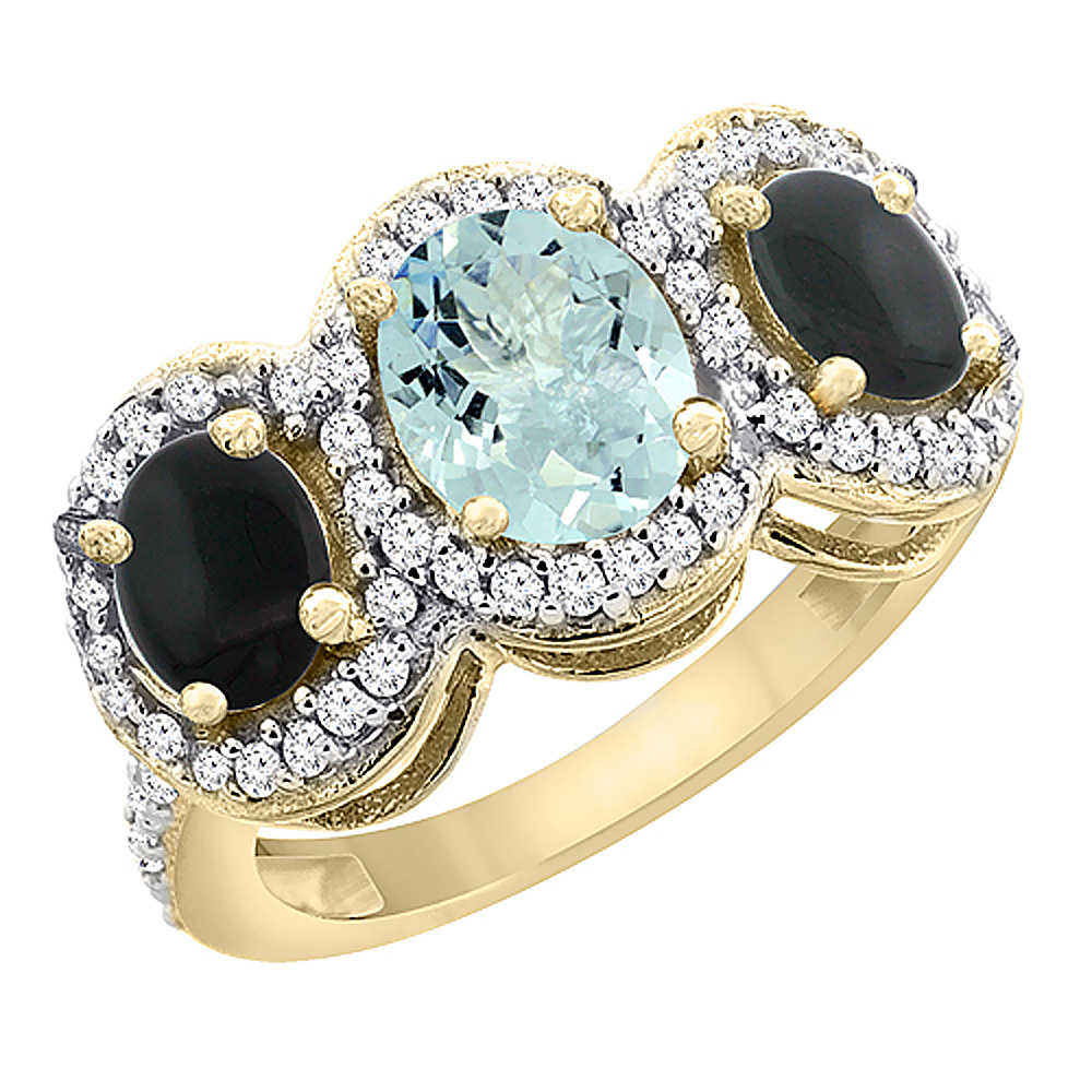 10K Yellow Gold Natural Aquamarine & Black Onyx 3-Stone Ring Oval Diamond Accent, sizes 5 - 10