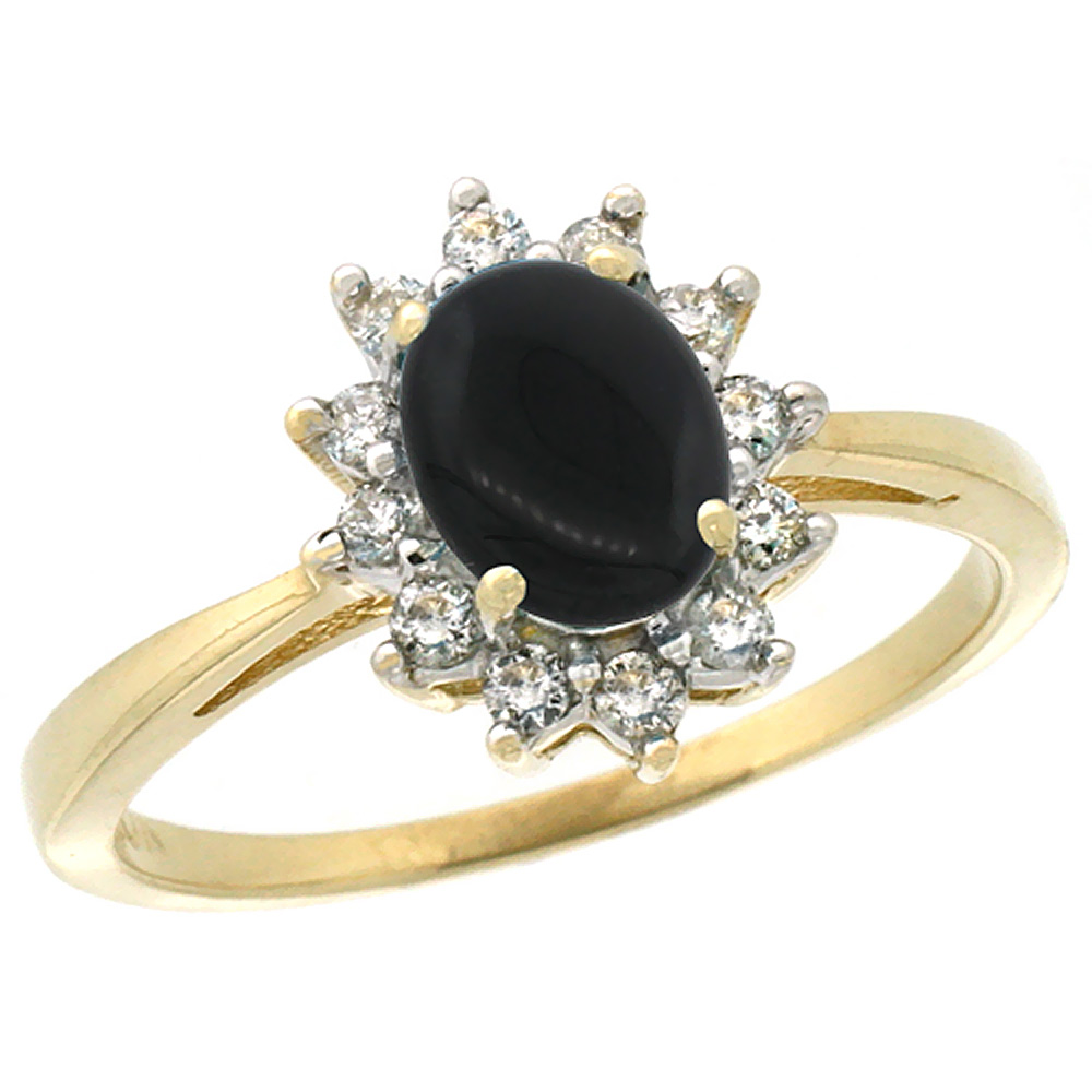 10k Yellow Gold Natural Black Onyx Engagement Ring Oval 7x5mm Diamond Halo, sizes 5-10