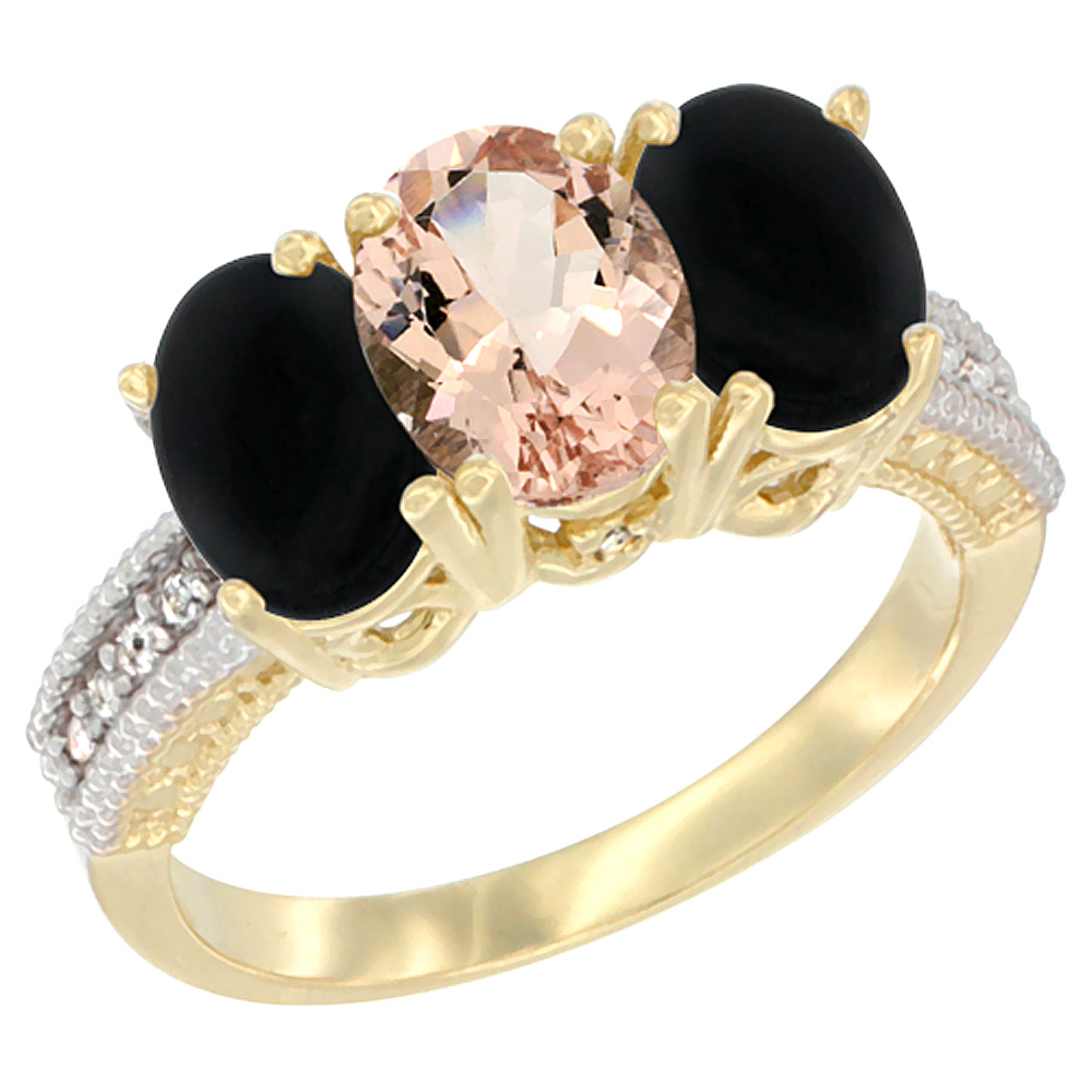 14K Yellow Gold Natural Morganite & Black Onyx Sides Ring 3-Stone 7x5 mm Oval Diamond Accent, sizes 5 - 10