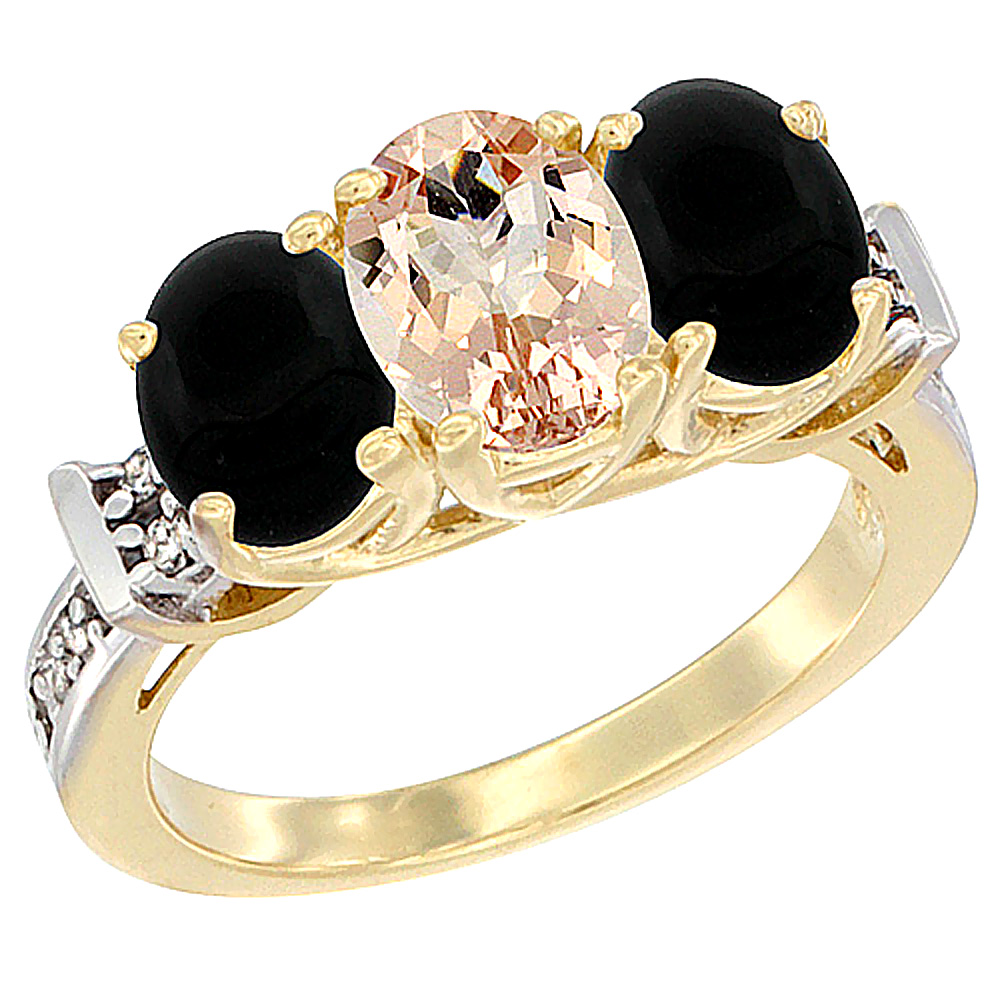10K Yellow Gold Natural Morganite &amp; Black Onyx Sides Ring 3-Stone Oval Diamond Accent, sizes 5 - 10