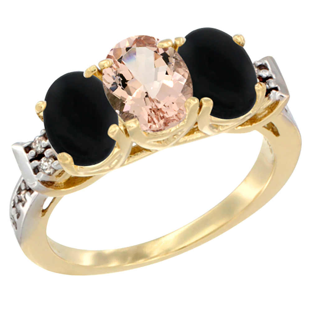 14K Yellow Gold Natural Morganite &amp; Black Onyx Sides Ring 3-Stone Oval 7x5 mm Diamond Accent, sizes 5 - 10