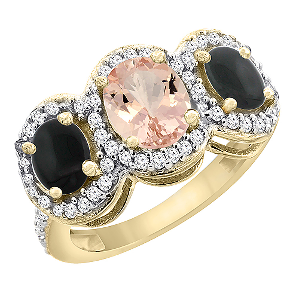10K Yellow Gold Natural Morganite & Black Onyx 3-Stone Ring Oval Diamond Accent, sizes 5 - 10
