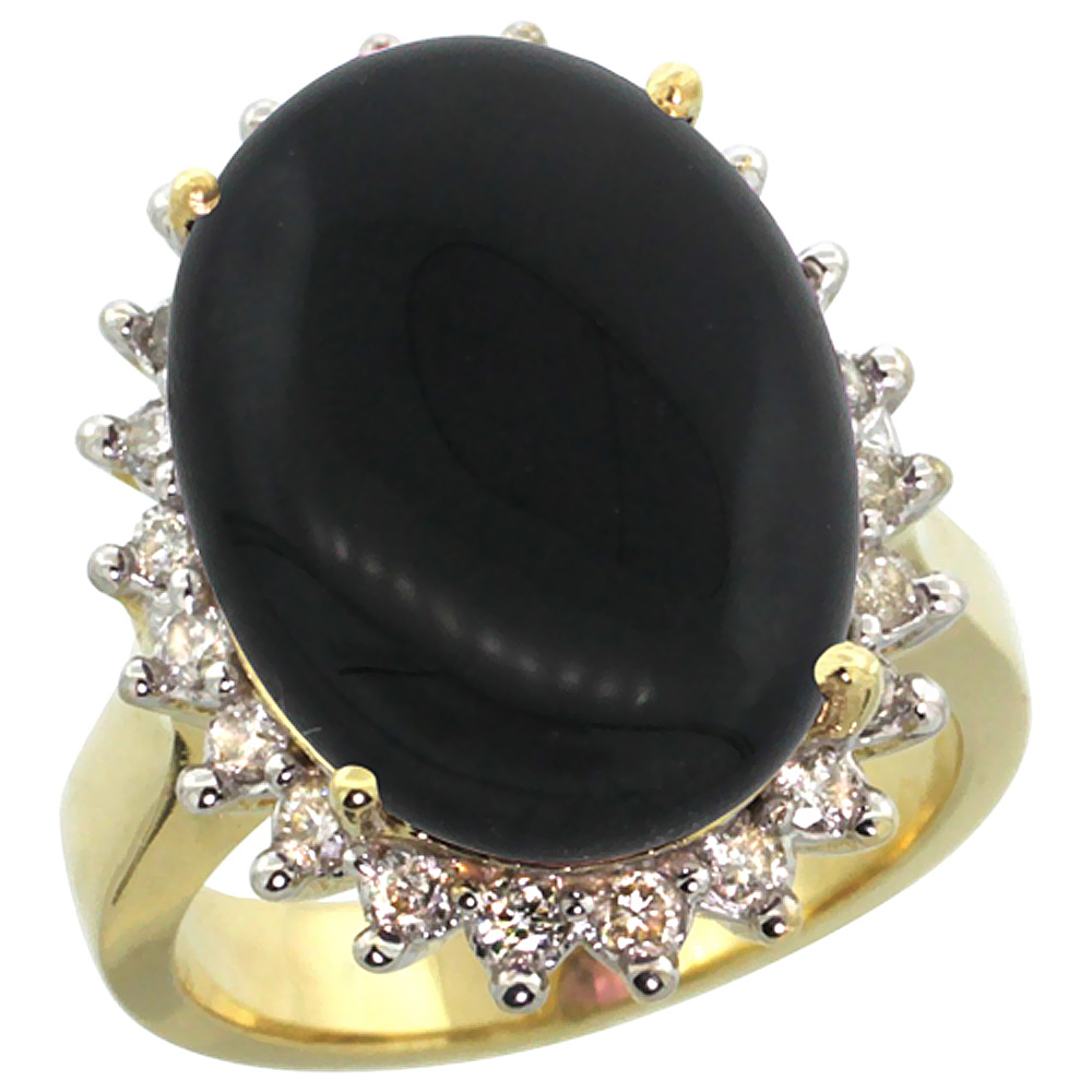 10k Yellow Gold Diamond Halo Natural Black Onyx Ring Large Oval 18x13mm, sizes 5-10
