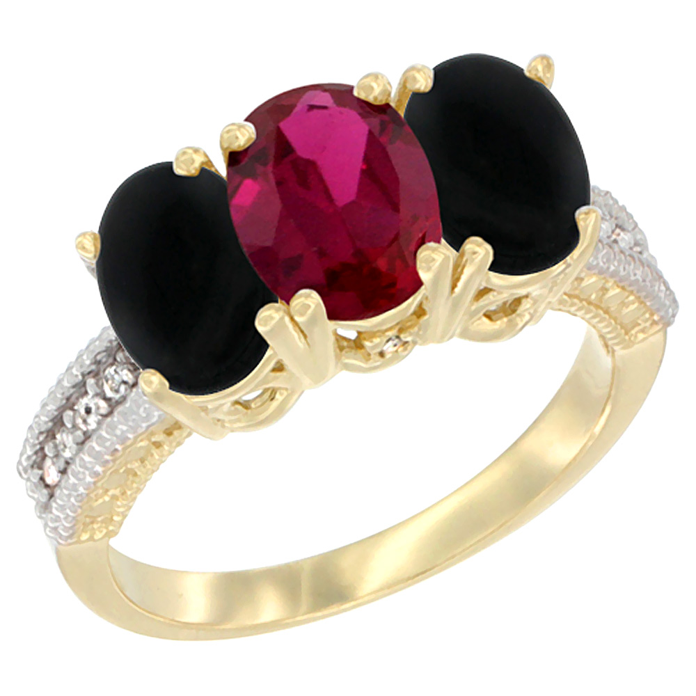 14K Yellow Gold Enhanced Ruby &amp; Natural Black Onyx Sides Ring 3-Stone 7x5 mm Oval Diamond Accent, sizes 5 - 10