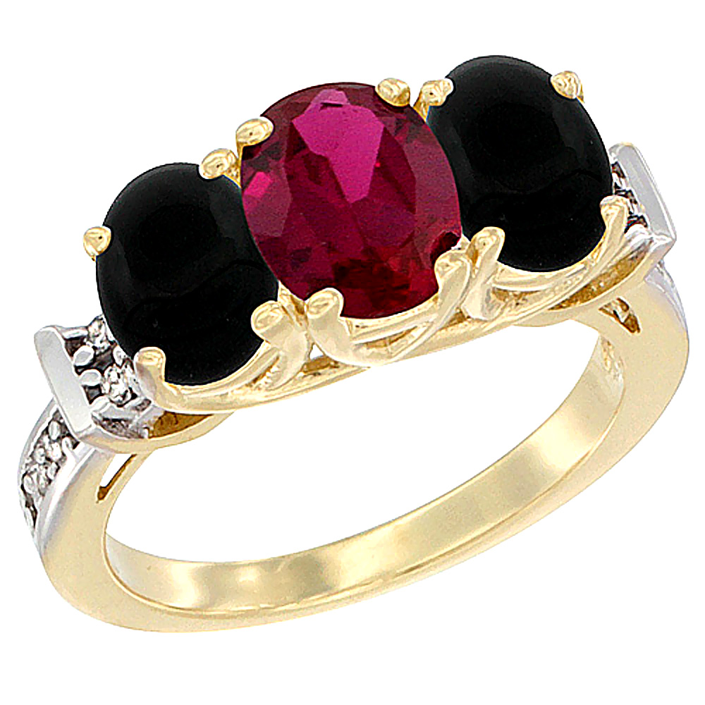10K Yellow Gold Enhanced Ruby & Black Onyx Sides Ring 3-Stone Oval Diamond Accent, sizes 5 - 10