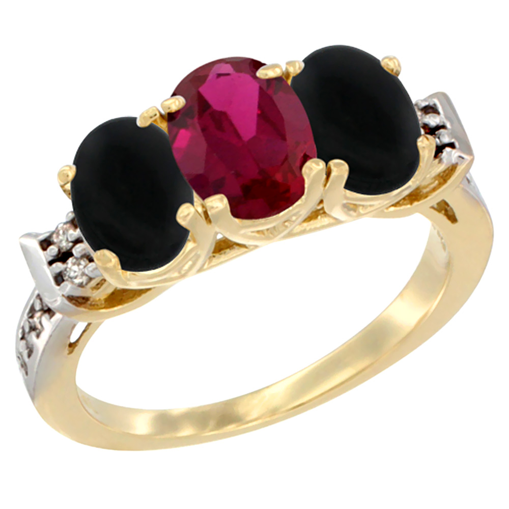 10K Yellow Gold Enhanced Ruby &amp; Natural Black Onyx Sides Ring 3-Stone Oval 7x5 mm Diamond Accent, sizes 5 - 10