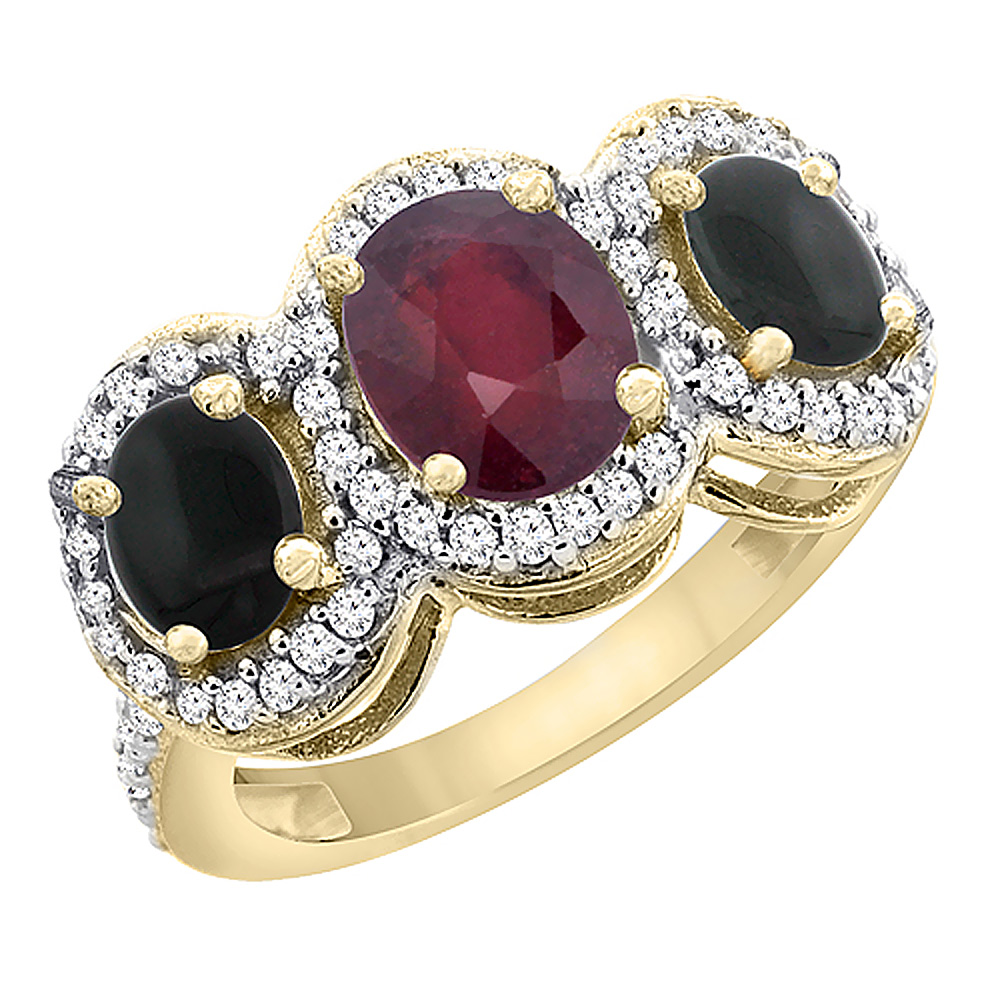 14K Yellow Gold Natural Quality Ruby &amp; Black Onyx 3-stone Mothers Ring Oval Diamond Accent, size 5 - 10