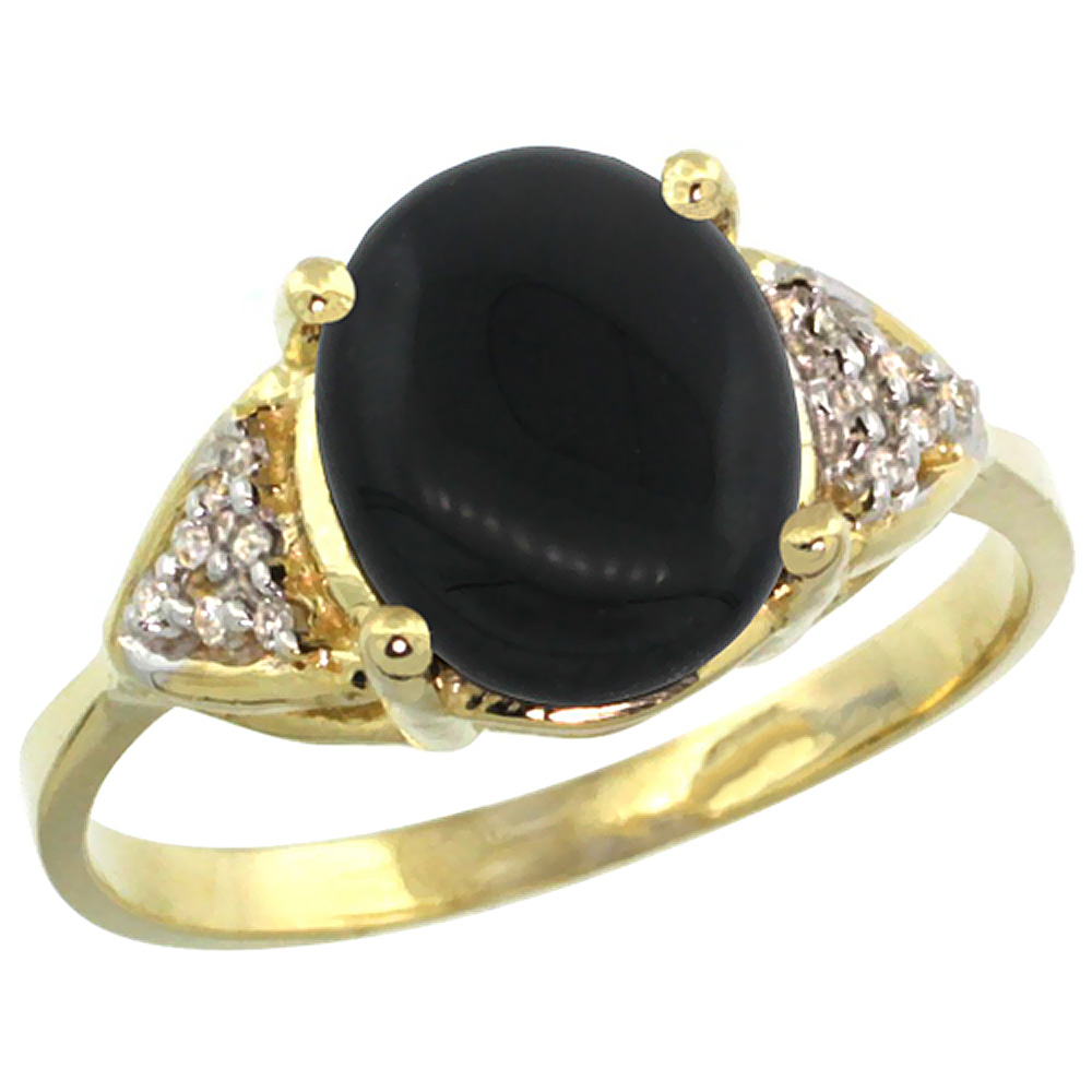 10K Yellow Gold Diamond Natural Black Onyx Engagement Ring Oval 10x8mm, sizes 5-10