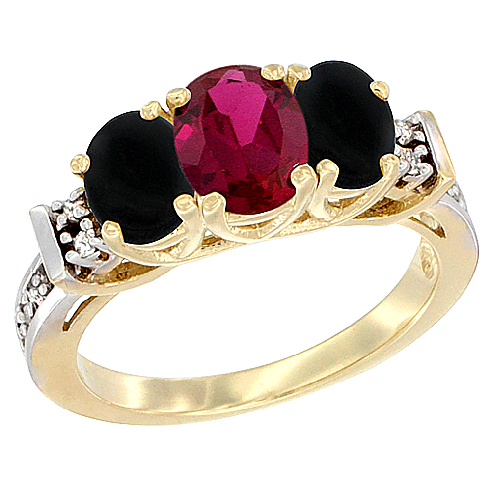 10K Yellow Gold Natural High Quality Ruby & Black Onyx Ring 3-Stone Oval Diamond Accent