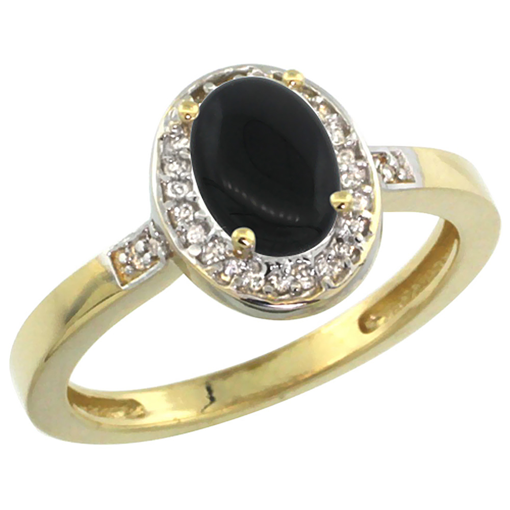 10K Yellow Gold Diamond Natural Black Onyx Engagement Ring Oval 7x5mm, sizes 5-10