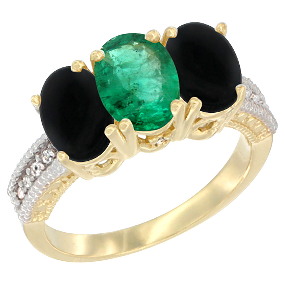 14K Yellow Gold Natural Emerald &amp; Black Onyx Sides Ring 3-Stone 7x5 mm Oval Diamond Accent, sizes 5 - 10