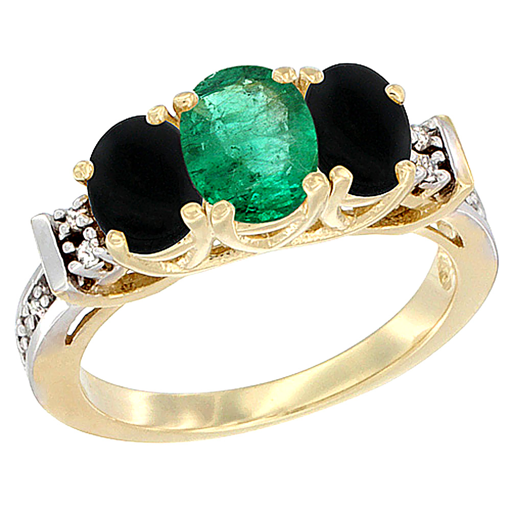 14K Yellow Gold Natural Emerald &amp; Black Onyx Ring 3-Stone Oval Diamond Accent