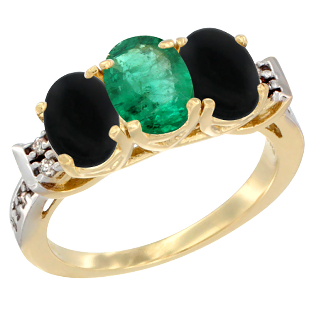 10K Yellow Gold Natural Emerald &amp; Black Onyx Sides Ring 3-Stone Oval 7x5 mm Diamond Accent, sizes 5 - 10