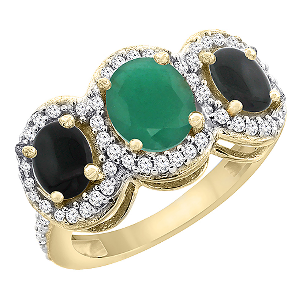 10K Yellow Gold Natural Emerald &amp; Black Onyx 3-Stone Ring Oval Diamond Accent, sizes 5 - 10