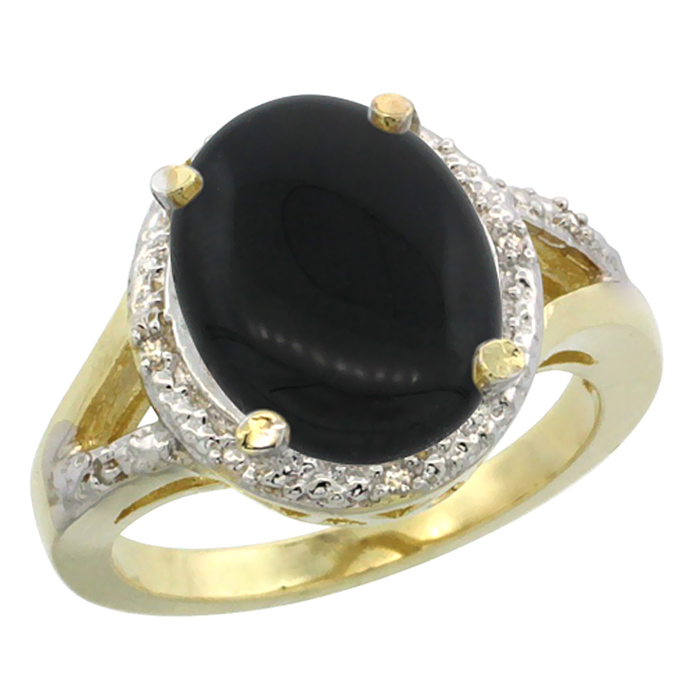 10K Yellow Gold Natural Onyx Ring Oval 12x10mm Diamond Accent, sizes 5-10