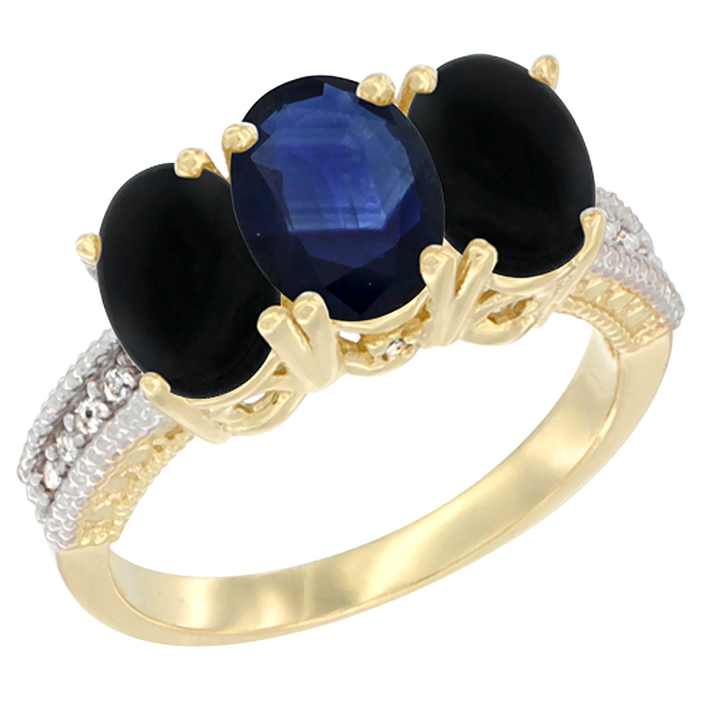 14K Yellow Gold Natural Blue Sapphire &amp; Black Onyx Sides Ring 3-Stone 7x5 mm Oval Diamond Accent, sizes 5 - 10