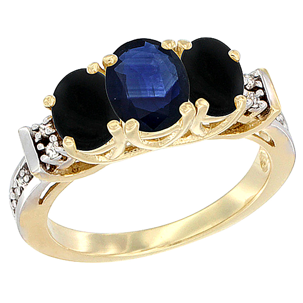 14K Yellow Gold Natural Blue Sapphire &amp; Black Onyx Ring 3-Stone Oval Diamond Accent