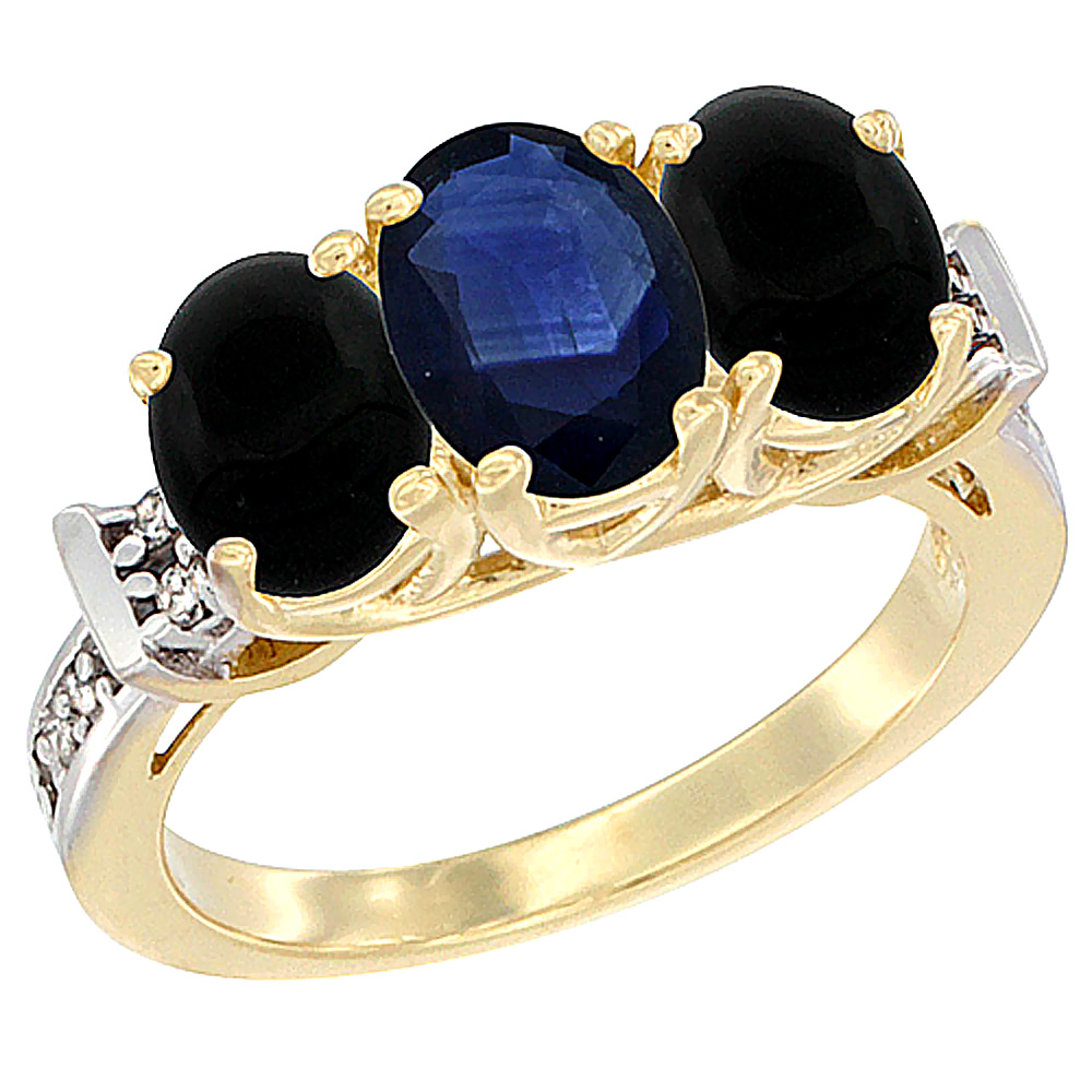 14K Yellow Gold Natural Blue Sapphire & Black Onyx Sides Ring 3-Stone Oval Diamond Accent, sizes 5 - 10