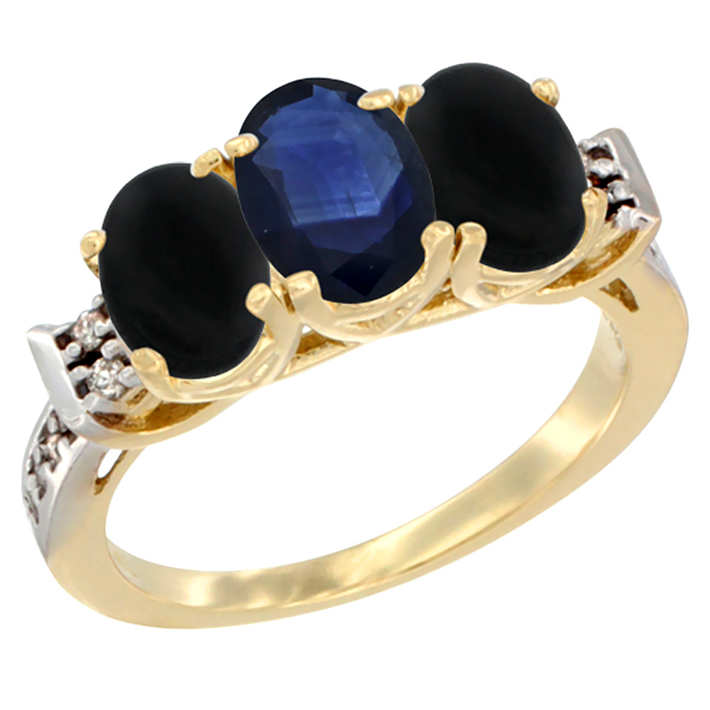 14K Yellow Gold Natural Blue Sapphire & Black Onyx Sides Ring 3-Stone Oval 7x5 mm Diamond Accent, sizes 5 - 10