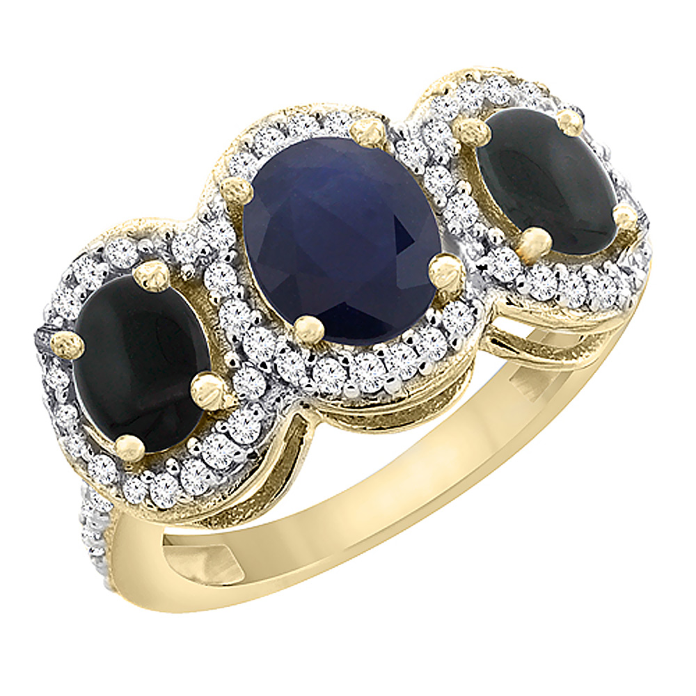 14K Yellow Gold Natural Blue Sapphire & Black Onyx 3-Stone Ring Oval Diamond Accent, sizes 5 - 10