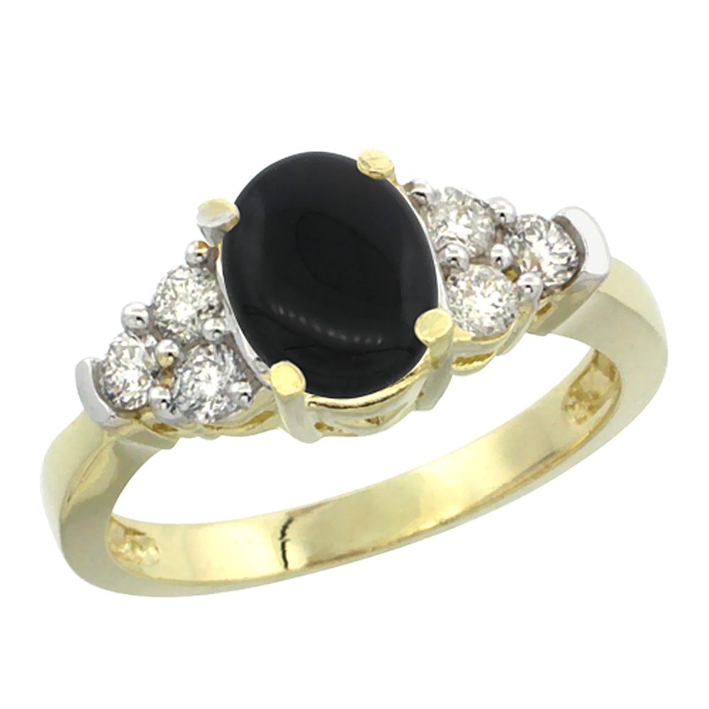 14K Yellow Gold Natural Black Onyx Ring Oval 9x7mm Diamond Accent, sizes 5-10