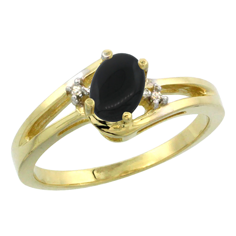 10K Yellow Gold Diamond Natural Black Onyx Ring Oval 6x4 mm, sizes 5-10
