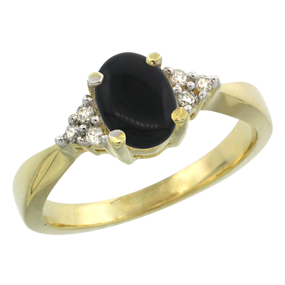 14K Yellow Gold Diamond Natural Black Onyx Engagement Ring Oval 7x5mm, sizes 5-10