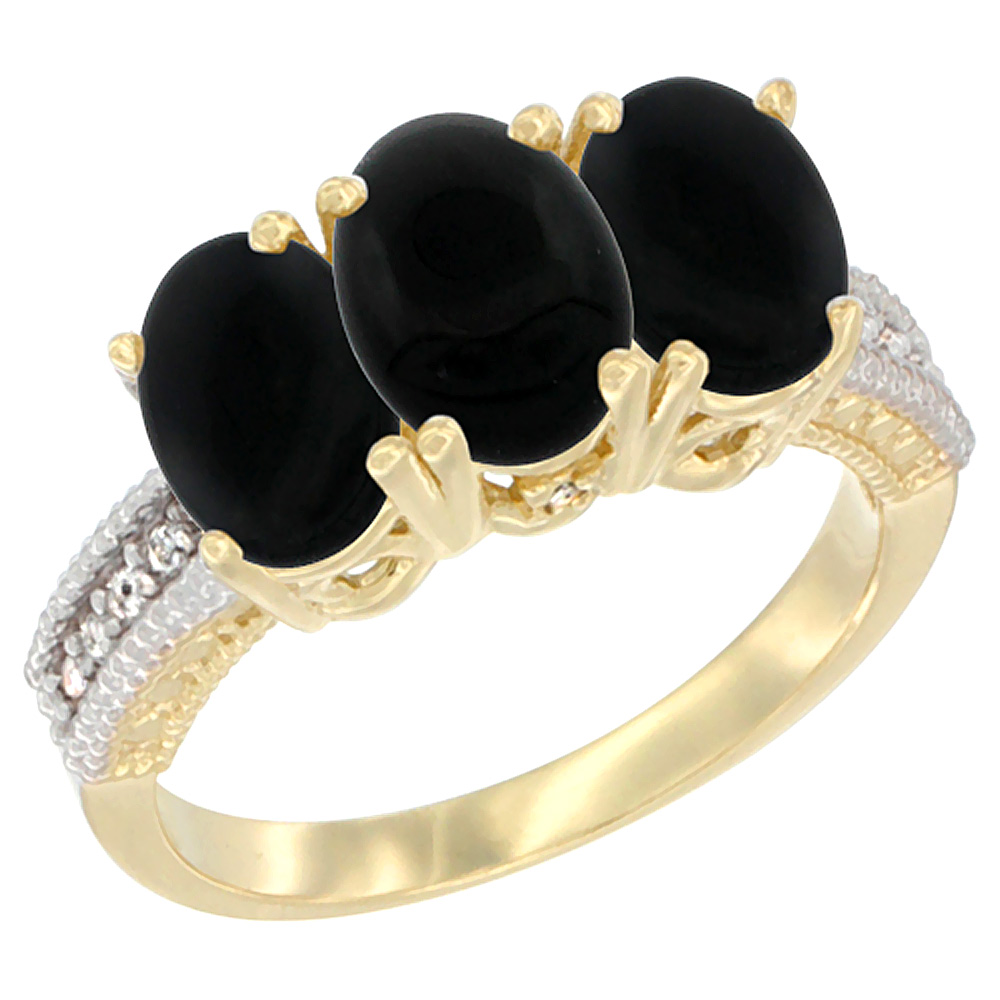 10K Yellow Gold Diamond Natural Black Onyx Ring 3-Stone 7x5 mm Oval, sizes 5 - 10